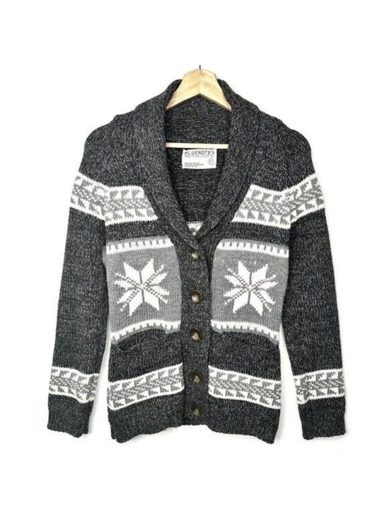 Blue Notes Sweaters - Blue Notes Shawl Collar Cardigan Womens S Gray Fair Isle Snowflake Cozy Knit
